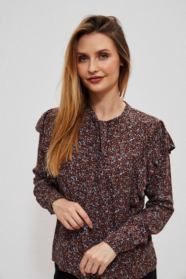 Koszula z wiązanym dekoltem i falbanami kasztanowa