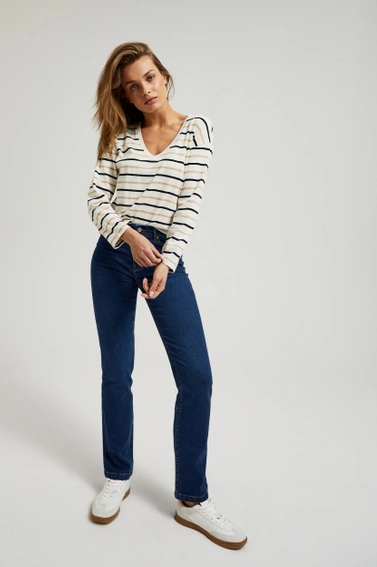 Bluzka w paski z długimi rękawami i dekoltem w serek biała 