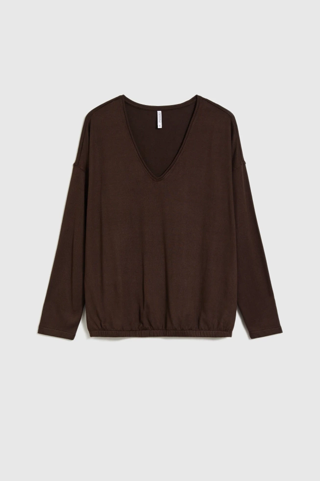 Sweter z dekoltem w serek brązowy