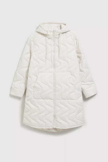 Długa pikowna kurtka z kapturem biała