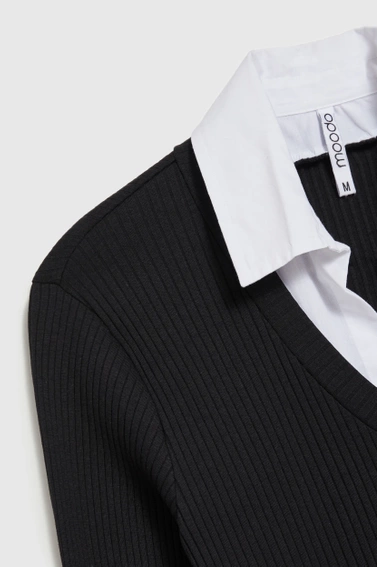 Prążkowana bluzka z kołnierzykiem czarna