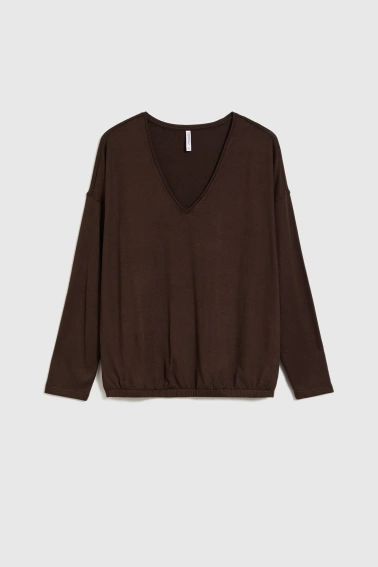 Sweter z dekoltem w serek brązowy