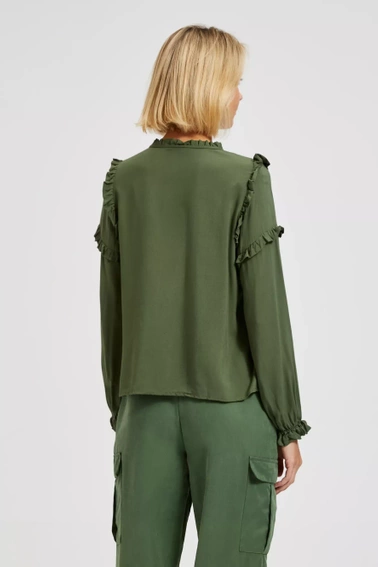 Koszula z falbanami na rękawach i wiązaniem na dekolcie khaki 