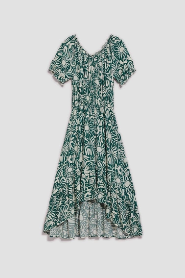 Wzorzysta sukienka z falbaną malachitowa