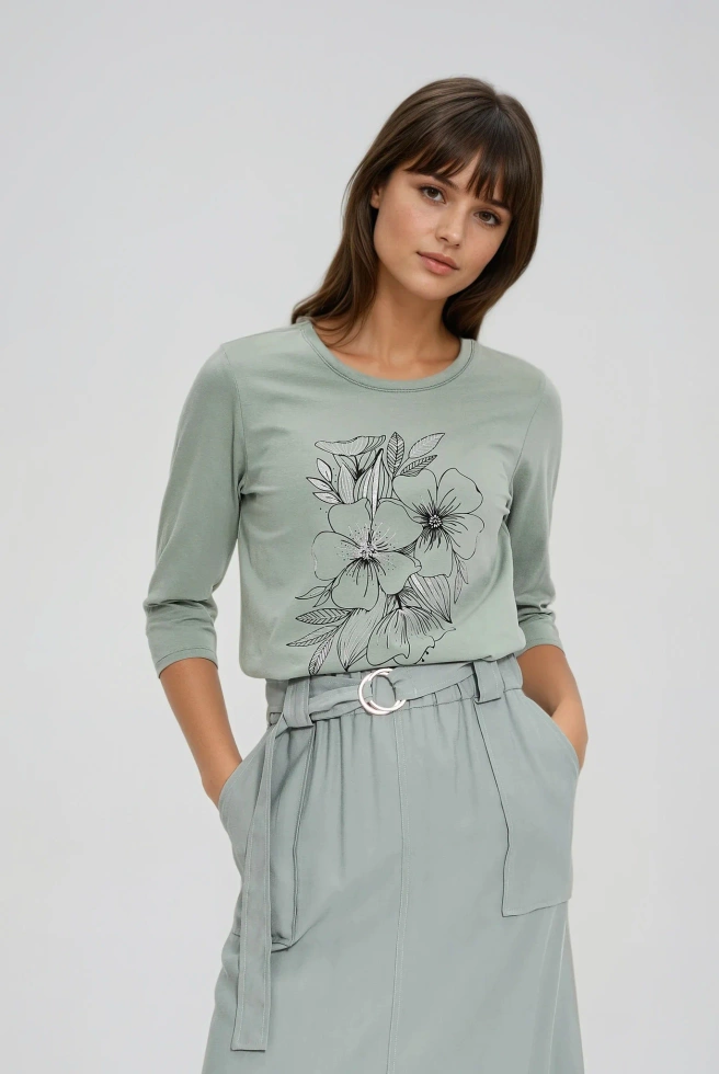 Bluzka z nadrukiem w kwiaty oliwkowa