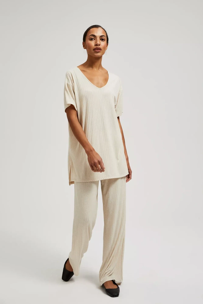 Spodnie z prążkowanej dzianiny beżowe