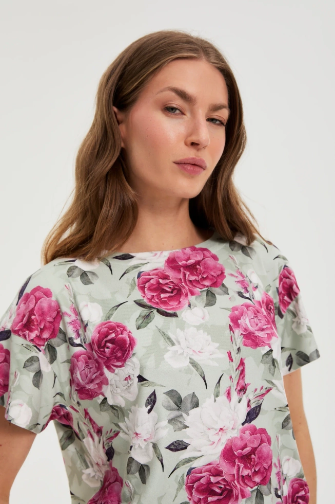 Bluzka w kwiaty z wiązaniem oliwkowa