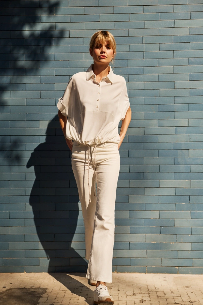 Bluza z kołnierzykiem i krótkimi rękawami beżowa