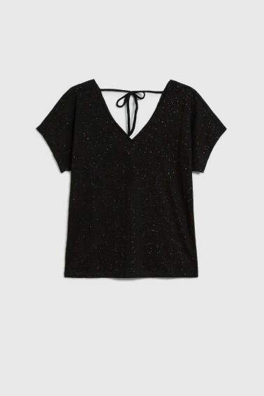 Błyszcząca bluzka z wiązaniem na plecach czarna