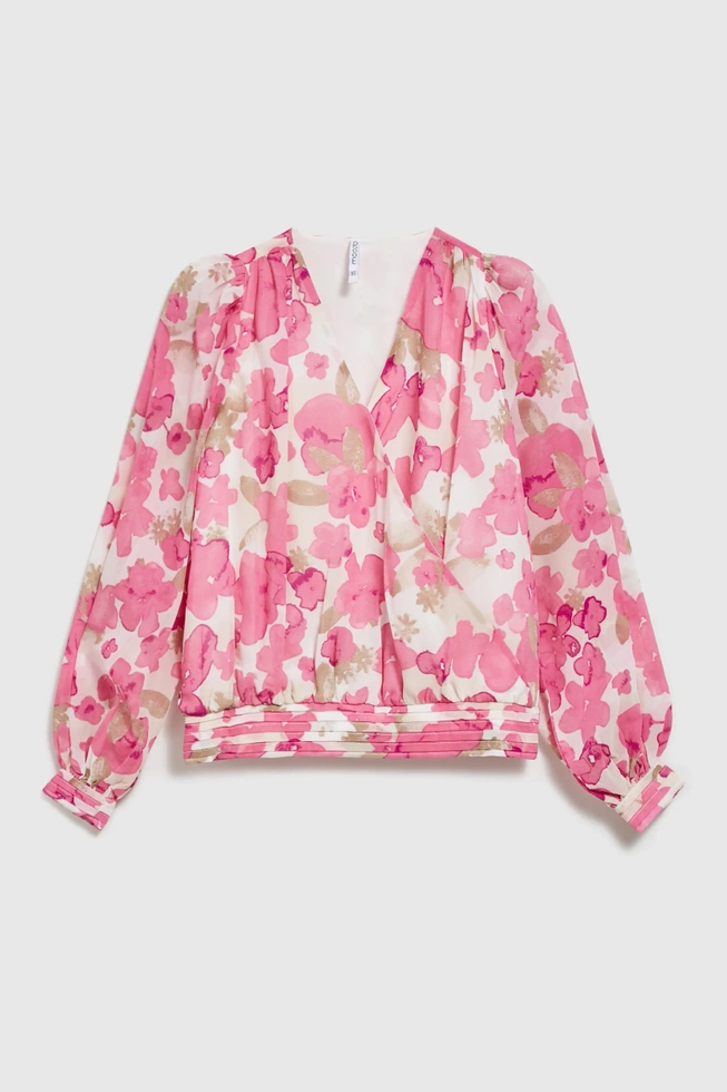 Koszula w kwiaty z bufiastymi rękawami różowa