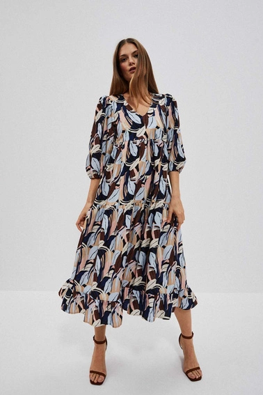 Wzorzysta sukienka midi z falbaną ciemnobeżowa