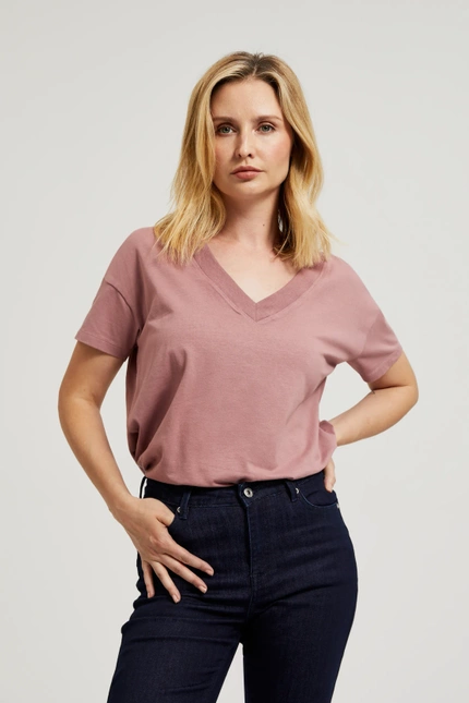 T-shirt z dekoltem w serek różowy
