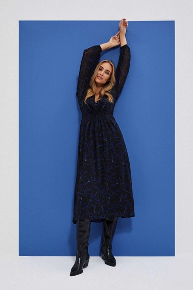 Sukienka midi z printem i bufiastymi rękawami czarna