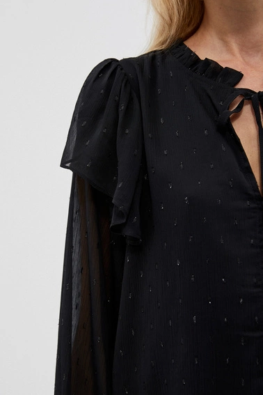 Koszula z wiązanym dekoltem i falbanami czarna