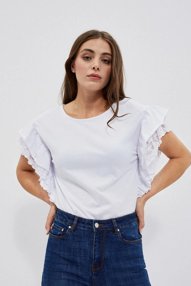 Bluzka z koronką i falbaną na krótkich rękawach biała