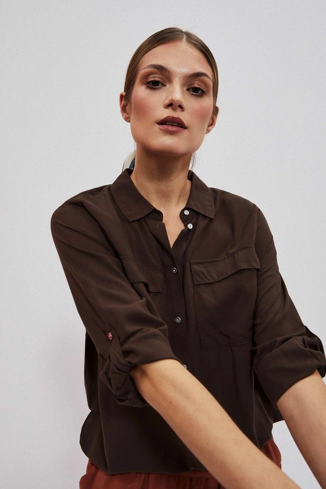 Wiskozowa koszula z kieszeniami ciemnbrązowa