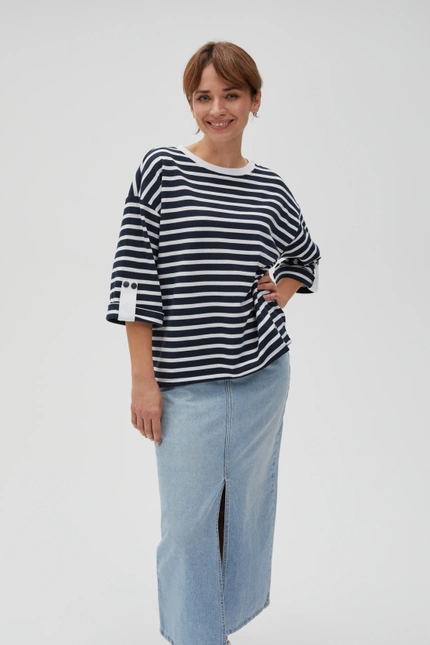 Bluza oversize w paski z szerokimi rękawami granatowa