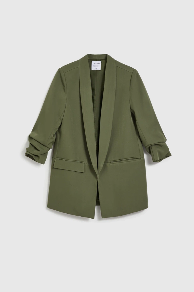 Gładka marynarka z marszczonymi rękawami 3/4 oliwkowa