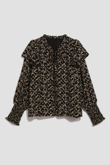 Wzorzysta koszula z wiązaniem na dekolcie czarna