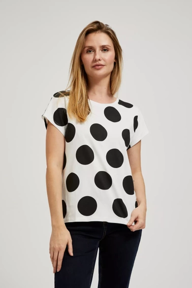 Bluzka w duże kropki z okrągłym dekoltem biała 