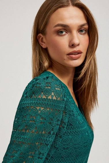 Koronkowa bluzka z bufiastymi rękawami szmaragdowa
