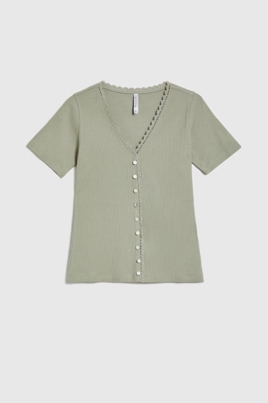 Bluzka z koronkowym dekoltem oliwkowa