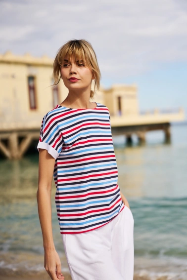 T-shirt w paski granatowy