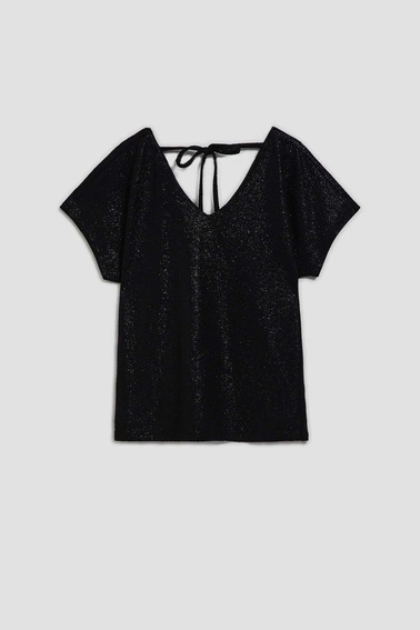 Elegancka bluzka z dekoltem w serek z błyszczącego materiału czarna