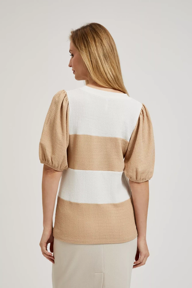 Bluzka w pasy z bufiastymi rękawami beżowa