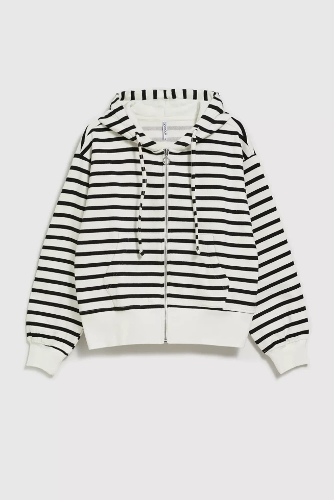 Bluza w cienkie paski z kapturem zapinana na zamek czarno-biała