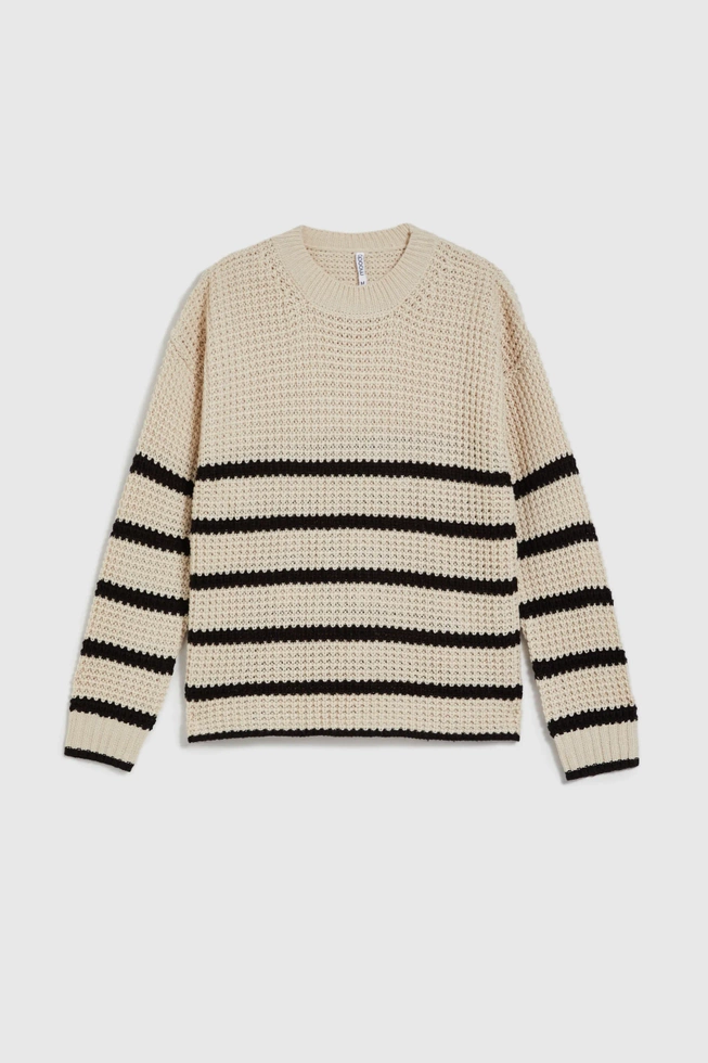 Sweter w paski z okrągłym dekoltem ciemnobeżowy