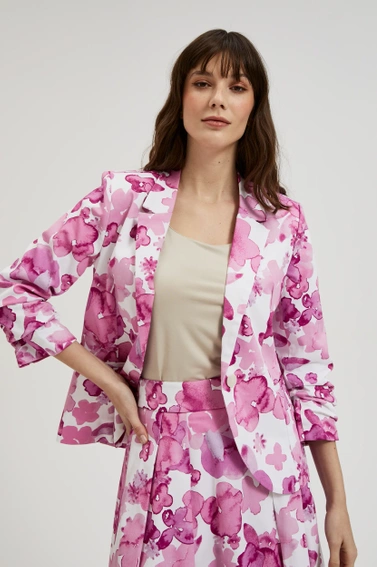 Marynarka z marszczonymi rękawami w kwiaty różowa