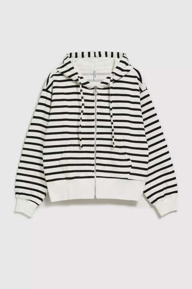 Bluza w cienkie paski z kapturem zapinana na zamek czarno-biała