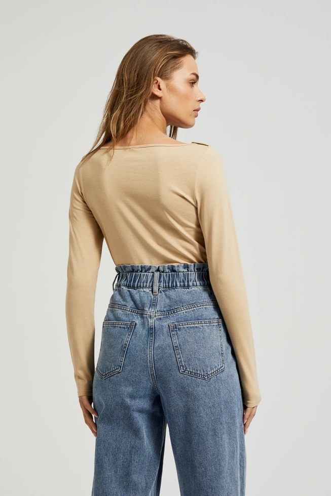 Gładka bluzka z długimi rękawami beżowa