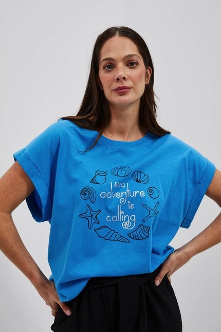 Bawełniany t-shirt z nadrukiem lazurowy