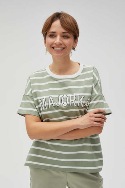 Bluza w paski z napisem oliwkowa