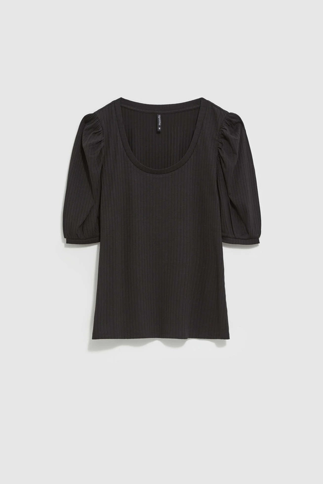 Bluzka z bufiastymi rękawami i okrągłym dekoltem czarna