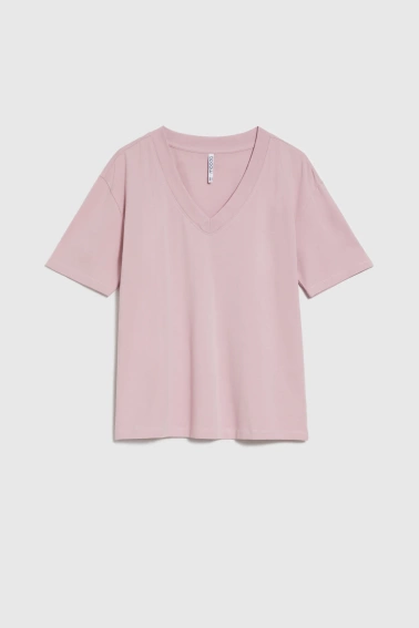 T-shirt z dekoltem w serek różowy