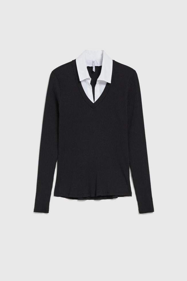 Prążkowana bluzka z kołnierzykiem czarna