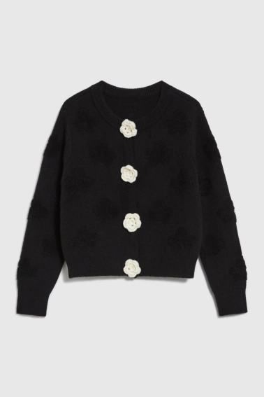 Kardigan z kwiatową aplikacją czarny