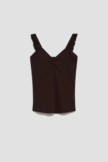 Top z ozdobnymi ramiączkami ciemnbrązowy