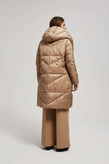 Długa kurtka z kapturem ciemnobeżowa