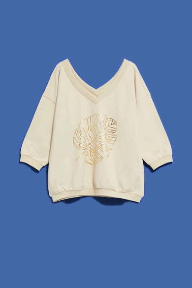 Bluza z dekoltem w serek i nadrukiem piaskowa