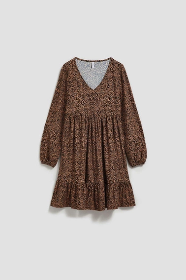 Wzorzysta sukienka z falbaną o długości przed kolano ciemnobeżowa