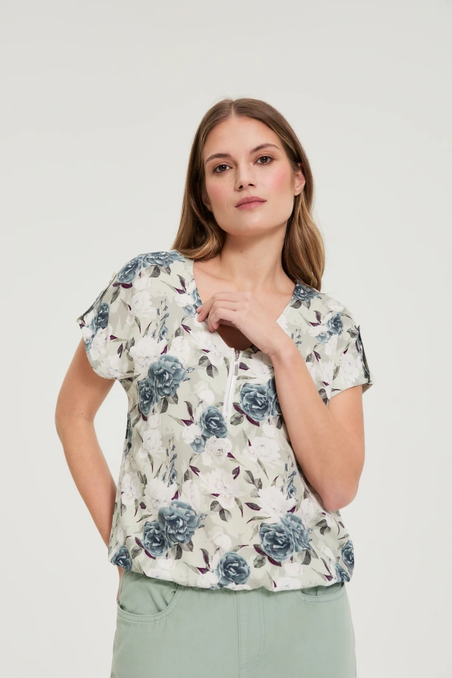 Koszula z wiskozy w kwiaty oliwkowa