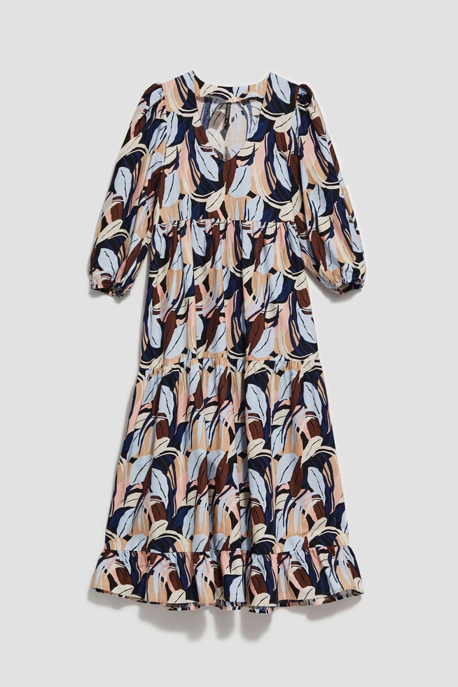 Wzorzysta sukienka midi z falbaną ciemnobeżowa