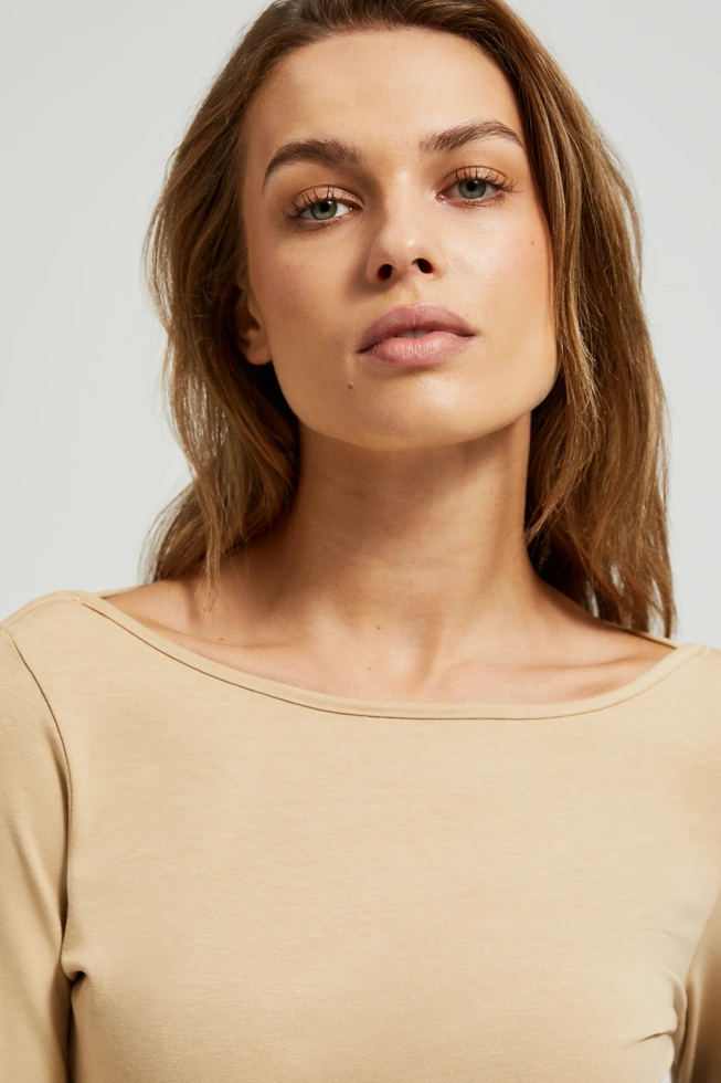 Gładka bluzka z długimi rękawami beżowa