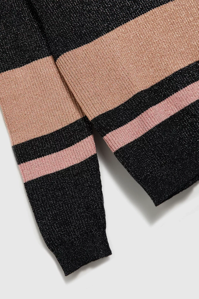 Sweter w paski z metaliczną nitką i okrągłym dekoltem czarny