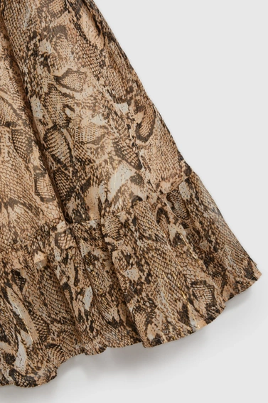 Sukienka z bufiastymi rękawami i zwierzęcym wzorem beżowa