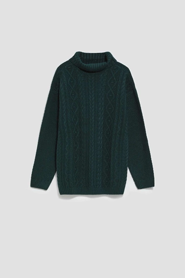 Sweter w warkoczowy splot z długimi rękawami szmaragdowy